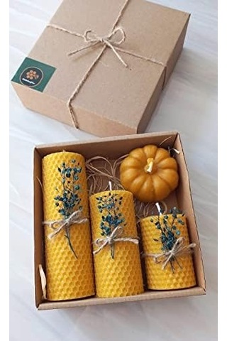 Dekoratif Doğal Petek Balmumu Mum Bal Kabağı Çiçekli Set Bal Mumu Mum Hediyelik Siyah