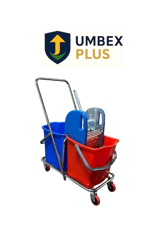 Umbex Çift Kovalı Paspas Arabası Krom Çelik Presli Temizlik Arabası Temizlik Seti Islak Mop Setli