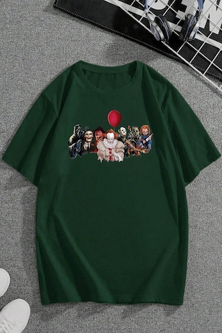 Uyguntarz Korku Karakterleri Baskılı Unisex Oversize Tshirt Yeşil