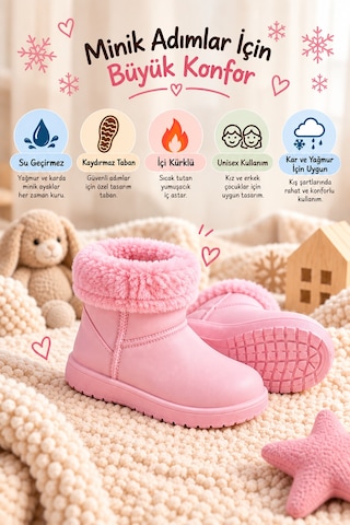 Altın Pabuç Çocuk Kürklü Bot Su Geçirmez Kaymaz Taban Erkek Kız Unisex İçi Kürklü Çocuk Yağmur Çizmesi Kar Botu Pembe