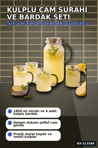Kulplu 1800 Ml Cam Sürahi Ve 350 Ml 4 Bardak Seti - 5 Parça Şeffaf Bx-313586