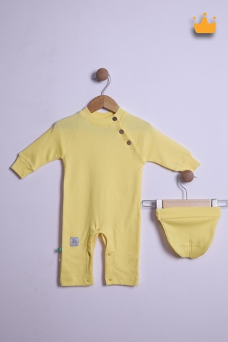Babyhola Kız Erkek Bebek Tulum Bere Takım Pamuk Yaka Düğmeli İnterlok Reglan Kol 583 Sarı
