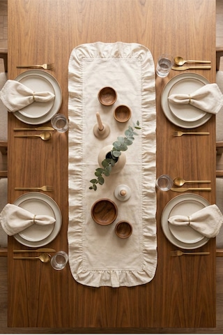 Ham Naturel Fırfırlı Keten Runner - 40x110 Cm Beyaz