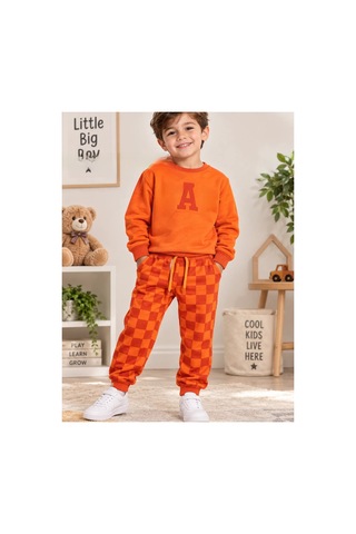 Uğur Bebe 3 İplik Şardonsuz Unisex Çocuk Turuncu Ekose Eşofman Takımı Sweatshirt, Rahat Kesim Jogger Alt, Şık Günlük Spor Kombin Turuncu Turuncu