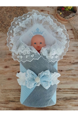 Yenidoğan Teri Cotton Taç Nakışlı Prizma Taş Kundak Bebek Battaniyesi Mavi