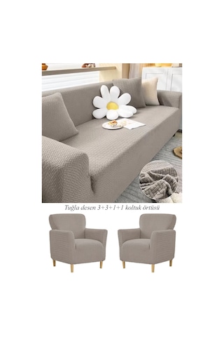 Upmall Tuğla Desen Koltuk Örtüsü Çekyat Kılıfı 3311 Takım Vizon