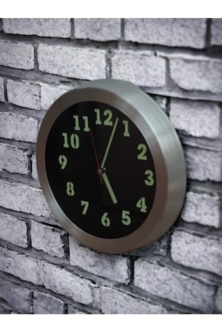 Fosforlu Gece Parlayan Görünen Metal Salon Duvar Saati Çap 26 Cm Siyah