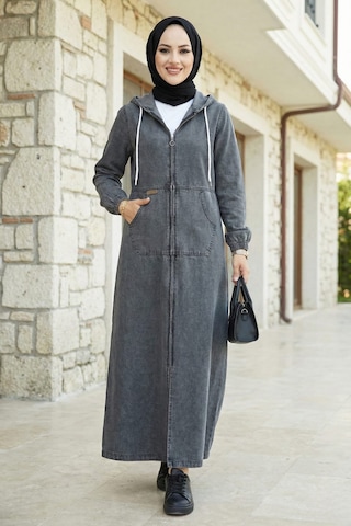 Hb Harma Time Butik Kadın Kapüşonlu, Cepli Ve Fermuarlı Denim Koyu Gri Kot Kap