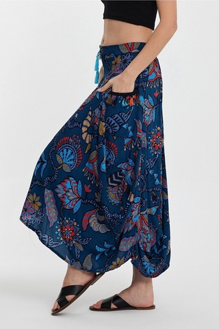Schık Kadın Viskon Empirme Çiçek Baskı Bohem Stil Cepli Bel Lastikli Etek Lacivert