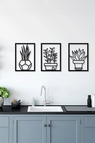 3 Parça Vazoda Çiçekler Temalı Lazer Kesim Mdf Tablo Seti - Model 2 - Ersylazermdl2