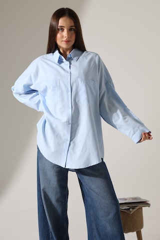 Yeni Sezon Poplin Kumaş Çift Cepli Oversize Pamuklu Kadın Tunik Gömlek Mavi