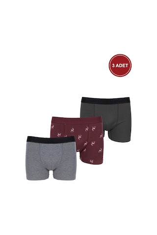 Koza İç Giyim Erkek Üçlü Pamuklu Likralı Boxer Ko9003bx Gri - Bordo