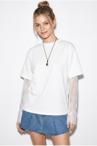 Shade Kadın Bisiklet Yaka Dantel Kollu Oversize Pamuklu T-shirt 1049 60286075 - Beyaz