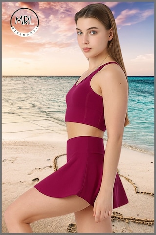 Kadın Şort Etekli Mayo Takım Üst Crop Sabit Pedli Çabuk Kuruyan Kumaş Plaj Giyim Mürdüm Takım Mürdüm