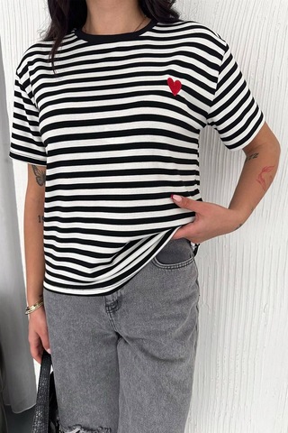 Noa & Noa Kadın Kalp Detaylı Çizgili T-shirt Heartline Beyaz