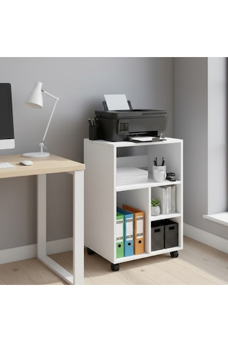 Cupper Tekerlekli Ofis Dolabı Yazıcı Masası Pikap Sehpası Yazıcı Dolabı Beyaz Beyaz