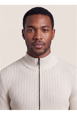 Dkny Dkfw26086-101 Ribbed Full Sweater Kırık Beyaz Erkek Bisiklet Yaka Fitilli Desenli Triko Kazak