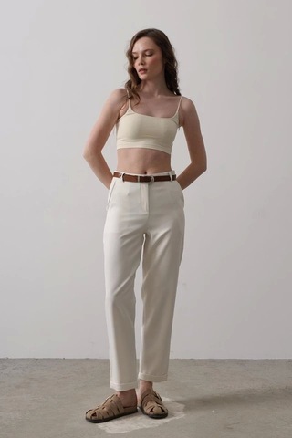 Defymoda Kemerli Havuç Pantolon - Ekru Ekru