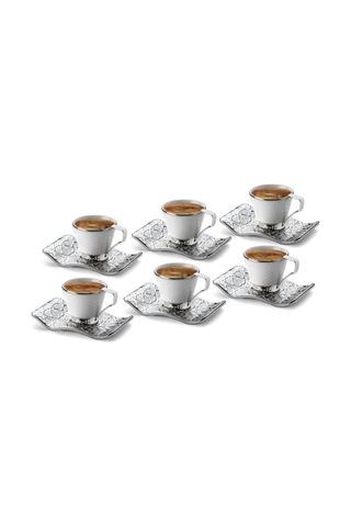 Türk Kahvesi Fincan Takımı Lüks 6 Kişilik Metal Gümüş Selçuklu Model Gümüş Beyaz