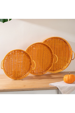Porsima 710-a Yuvarlak 3'lü Hasır Tepsi Dekoratif Sunum Tepsisi