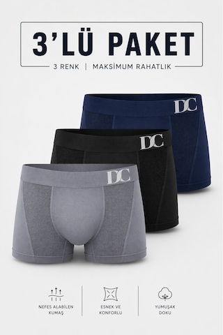Elilom Erkek Boxer 3'lü Paket Daily Comfort Dikişsiz Nefes Alır Pamuklu Siyah/lacivert/gri Set Siyah-lacivert-gri