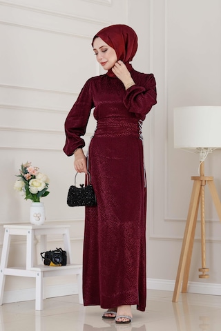 Buse Yanı Bağcıklı Saten Abiye-bordo-4997