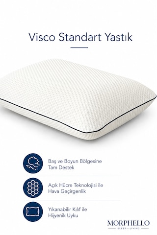Morphello Visco Standart Yastık 40x60x12 Cm Ortopedik Baş Boyun Destekli, Orta Sert, Yıkanabilir Kılıflı Beyaz - Lacivert