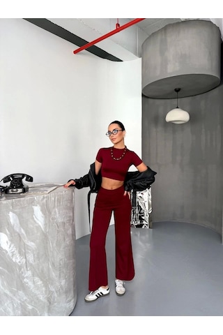 Osy Modal Yumuşak Dokulu Kumaş Kısa Kollu Crop Alt Ispanyol Paça Pantalon Ikili Takım - Bordo Bordo