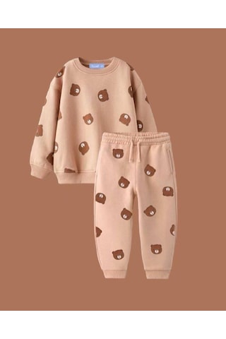 Unisex Çocuk Kahve Tonlu Mini Ayıcık Emoji Baskılı Sweatshirt Eşofman Alt Üst Takım 3 İplik Açık Kahve Açık Kahverengi