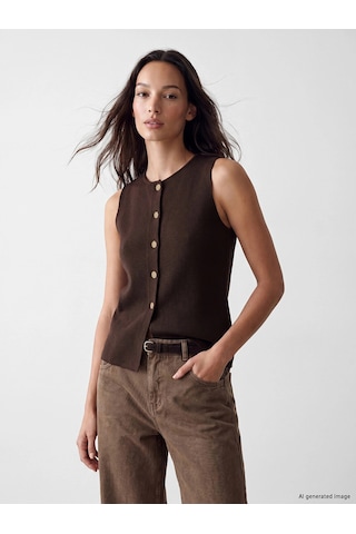 Lc Waikiki Lcw Everyday Kahverengi Bisiklet Yaka Kadın Triko Yelek Dark Brown
