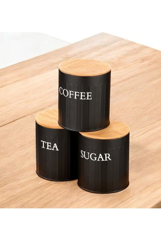 3 Lü Ahşap Kapaklı Metal Saklama Kutusu Çay Kahve Şeker Kavanoz Saklama Kabı Siyah