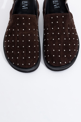 Luvishoes Our Kahverengi Hakiki Deri Süet Zımbalı Burnu Kapalı Kadın Sandalet Kahverengi
