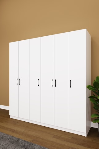 Asra Trend 6 Kapaklı Gardırop G-06 %100 MDF Çift Katlı Askılı Elbise Dolabı Beyaz