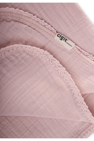 Dantel İşlemeli Tekkat Müslin Battaniye 100x100 CM +/- 3 Cm Pudra Pembe Pudra