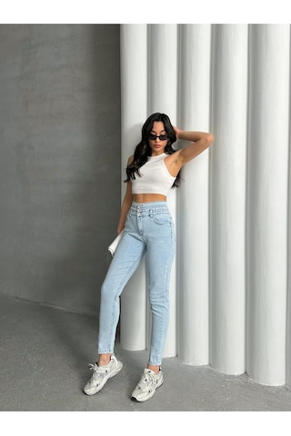 Kene Jeans Kadın Buz Kar 3 Düğme Likralı Dar Paça Kot Pantolon Buz Mavi