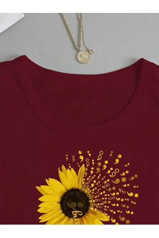 Modasize Kadın Uzun Kollu Bisiklet Yaka Ayçiçeği Desenli Viskon Bluz Bordo