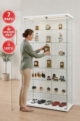 Beyaz Çift Kapaklı 7 Raflı Kilitli Ledli Camlı Koleksiyon Vitrini - Dolap - Kitaplık Raflı - Detolf Gümüşlük Sergi Dolabı