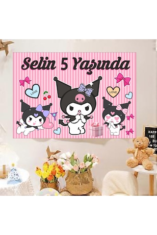 Kişiye Özel Isimli Kuromi Temalı Doğum Günü Afişi Duvar Pankart 100x70 CM Çok Renkli