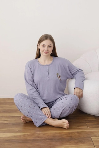 Lindros Kadın Pamuk'lu Düğme Yaka Raporlu İnterlok Kışlık Battal Pijama Takımı 05113 - 1 Adet Lila