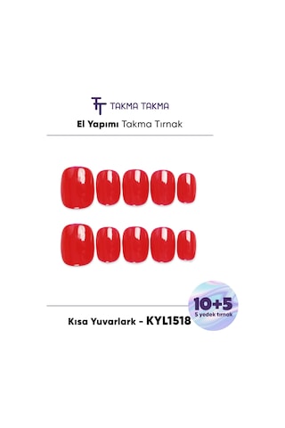 15'li Kırmızı Kısa Yuvarlak Kyl1518 Tekrar Kullanılabilir El Yapımı Protez Takma Tırnak Xs