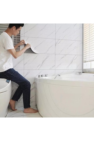 10 Adet 30x60 Cm Yapışkanlı Mermer Desenli Köpük Banyo,tezgah Arası Duvar Paneli Kağıdı Cf-1035 Beyaz