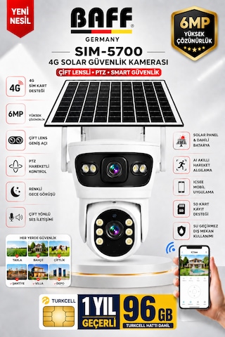 SIM-5700 6MP 4G SIM Kartlı Solar Güvenlik Kamerası Çift Lens PTZ Renkli Gece Görüşlü + 96GB SIM Kart Dahil