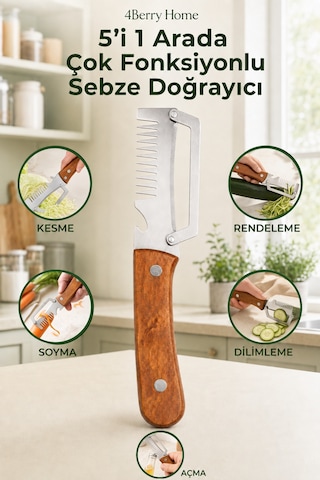 5 İ 1 Arada Çok Fonksiyonlu Sebze Doğrayıcı, Kesme, Soyma, Rendeleme Ve Dilimleme Aparatı, Paslanmaz Çelik Kahverengi