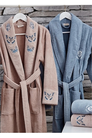 Dantela Premium Butterfly 6parça Pamuk Aile Bornozseti-somon Mavi Mavi - Somon