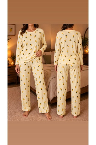 Lila İç Giyim Kadın Süet Limon Desenli Uzun Kollu Pijama Takımı Rahat Kesim Ev Giyim Seti Sarı