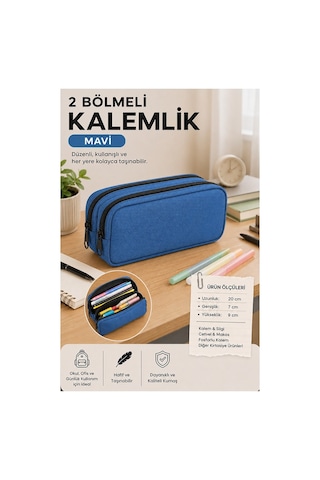 Mavi Bez Kalemlik 1 Adet Stilo Kl22 İki Bölmeli Fermuarlı Bez Kalemlik Kırtasiye Çocuk Okul Kalem Makyaj Kutusu