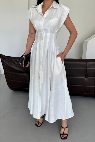 Jakarlı Keten Elbise Önden Yırtmaçlı Cepli - Beyaz Beyaz