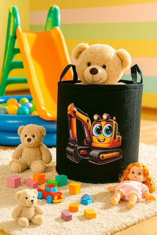 Siyah Keçe Oyuncak Sepeti Çizgi Film Kepçe Desenli, Katlanabilir Kulplu, Çocuk Odası Düzenleyici Siyah