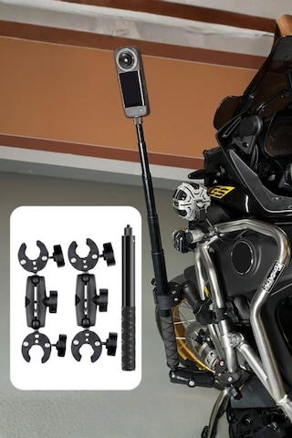 Aksiyon Kameralar İle Uyumlu Selfi Çubuğu Ve Kelepçeli Motosiklet Bağlantı Seti Siyah