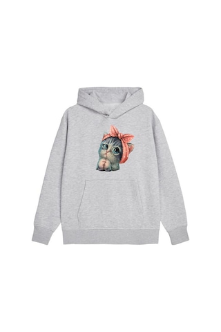 Fyk Kids Kapüşonlu Kedi Baskılı Sweatshirt Gri